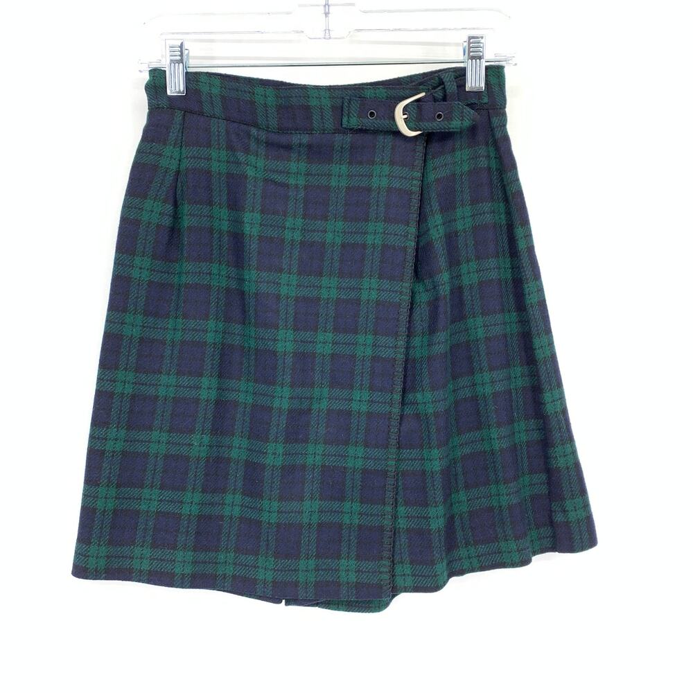 Vintage 90s Wrap Mini Skirt Womens Size 26" Green Blue Plaid A-Line Pleated